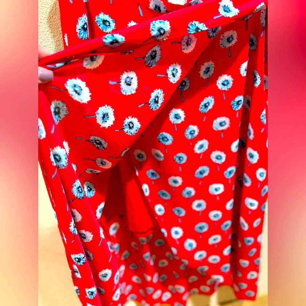J. Crew Cerise Red Teal Blue Floral Petal Front Midi Wrap Skirt Size MEDIUM - Picture 6 of 6